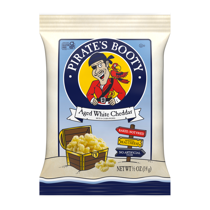 Image of PIRATE'S BOOTY Aged White Cheddar Rice & Corn Puffs, 0.5 oz Bag Packaging