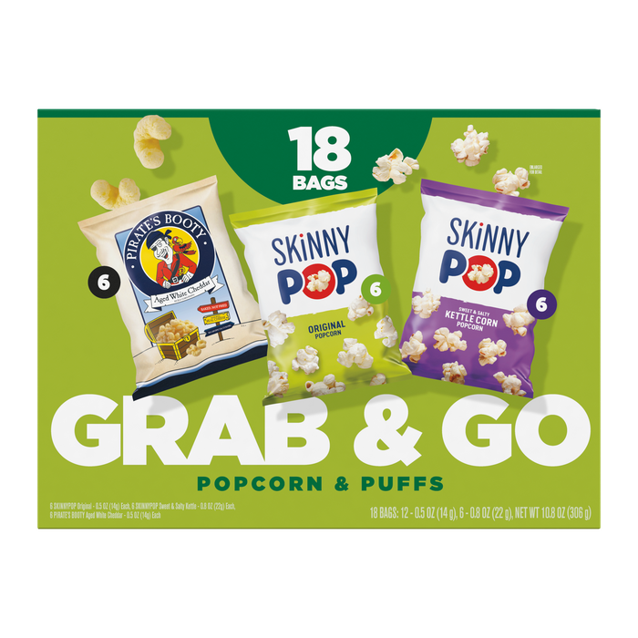 Image of SKINNYPOP Original and Sweet and Salty Kettle Corn and PIRATE’S BOOTY Aged White Cheddar Puffs 18-count Multipack Box Packaging