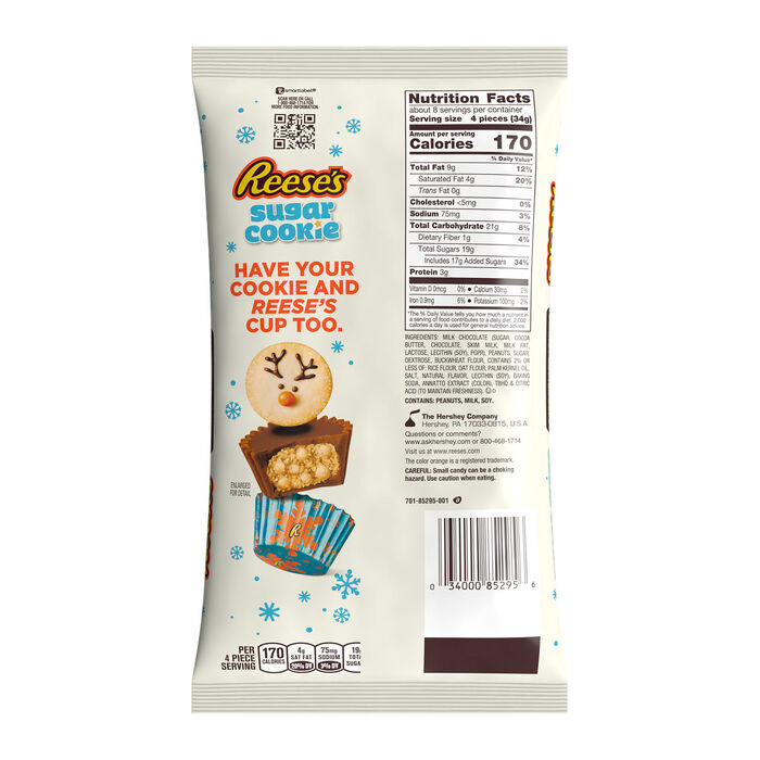 Image of REESE'S Sugar Cookie Milk Chocolate Peanut Butter Miniature Cups, Christmas Candy Bag, 9.9 oz Packaging