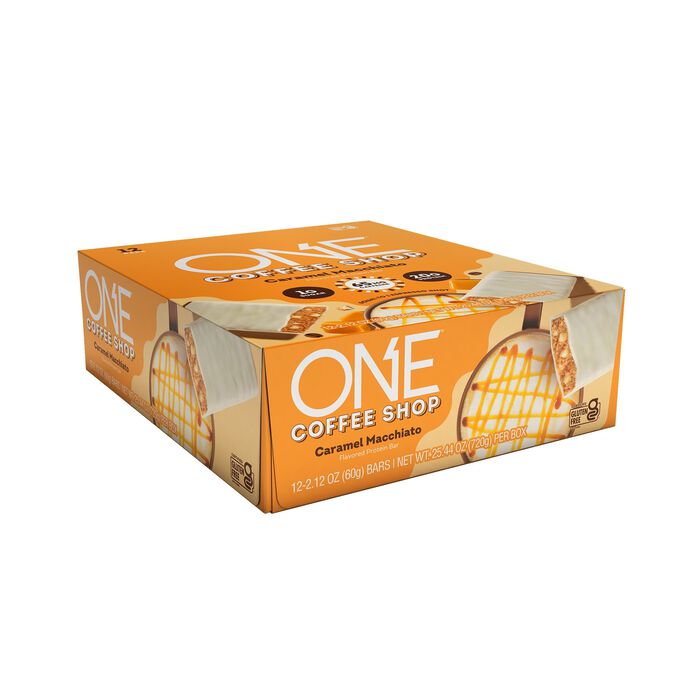 Image of ONE Coffee Shop Caramel Macchiato Flavored Caffeinated Protein Bars, 2.12 oz (12 Count) Packaging