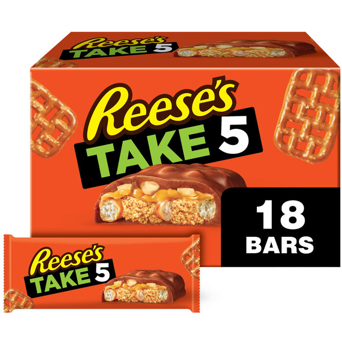 Image of REESE'S TAKE 5 Pretzel, Peanut and Chocolate Candy Bars, 1.5 oz (18 Count) Packaging