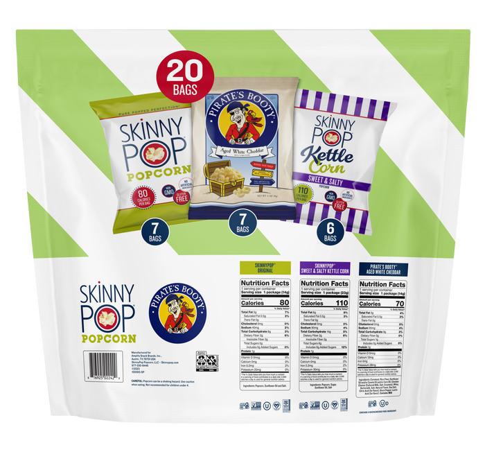 Image of SKINNYPOP and PIRATE'S BOOTY Family Snack Pack Popped Popcorn and Aged White Cheddar Puffs, 0.5 - 0.8 oz Bags (20 Count) Packaging