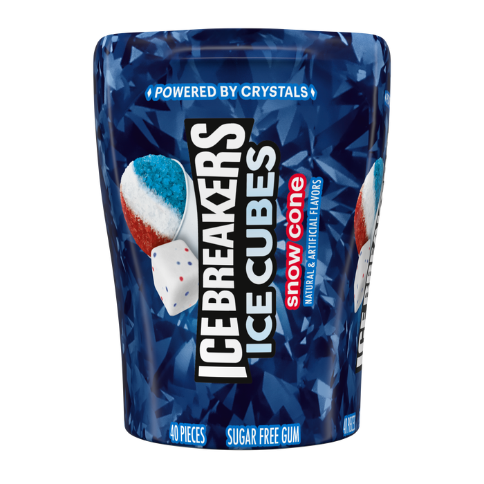 Image of ICE BREAKERS Ice Cubes Snow Cone Flavored Sugar Free Chewing Gum Bottle, 3.24 oz (6 Count) Packaging