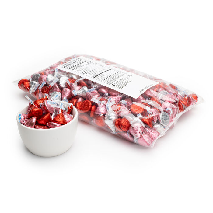 Image of HERSHEY'S KISSES Milk Chocolates in Valentine Red, Pink & Silver Foils - 66.7oz Candy Bag Packaging