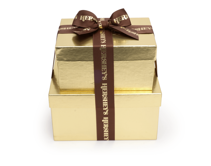 Image of HERSHEY'S Golden 2-Box Gift Tower Milk and Dark Chocolate Assorted Mix Candy 52 oz. Packaging