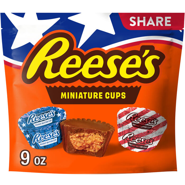Image of REESE'S Miniatures Red White and Blue Foils, Milk Chocolate Peanut Butter Cups Candy Share Pack, 9 oz Packaging