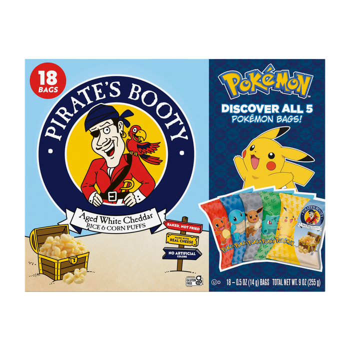 Image of PIRATE'S BOOTY Pokémon Aged White Cheddar Rice & Corn Puffs, 0.5 oz Bags (18 Count) Packaging