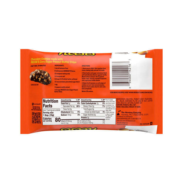 Image of REESE'S Zero Sugar Peanut Butter Baking Chips Bag, 7 oz Packaging
