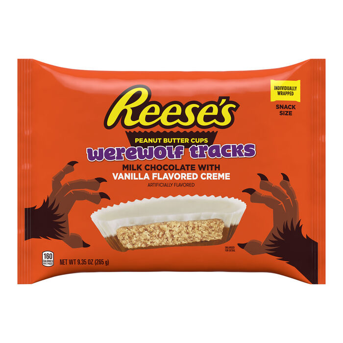 Image of REESE'S Werewolf Tracks Milk Chocolate and Vanilla Flavored Creme Snack Size Peanut Butter Cups, Halloween Candy Bag, 9.35 oz Packaging