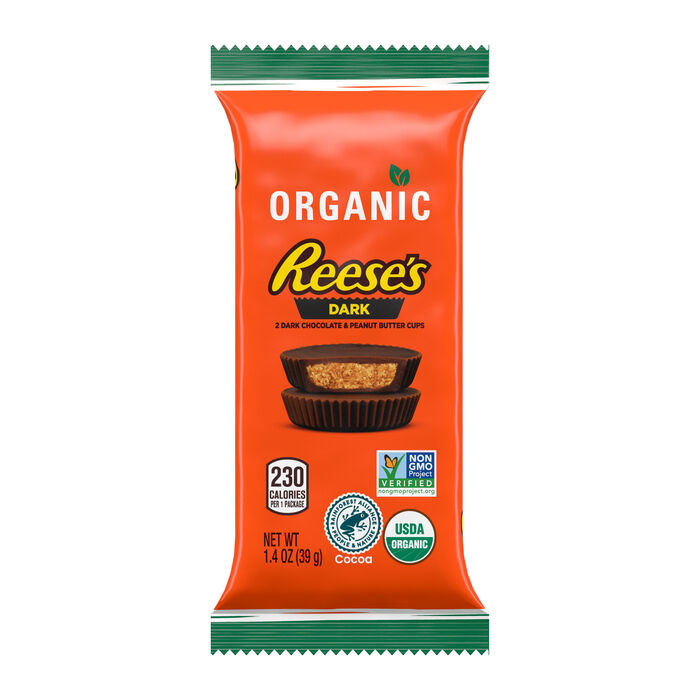 Image of REESE'S Organic Dark Chocolate Peanut Butter Cups Standard Size 1.4 oz Candy Bar Packaging