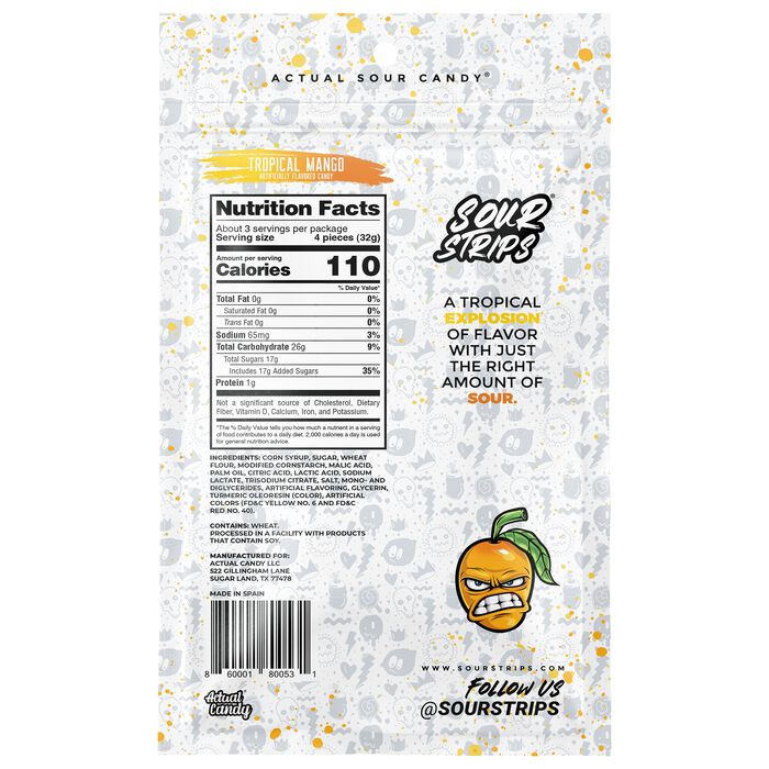 Image of Sour Strips Mango Candy Peg Bag, 3.4oz Packaging