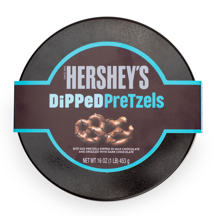 Image of HERSHEY'S Milk Chocolate Dipped Pretzels 16oz Candy Tin Packaging