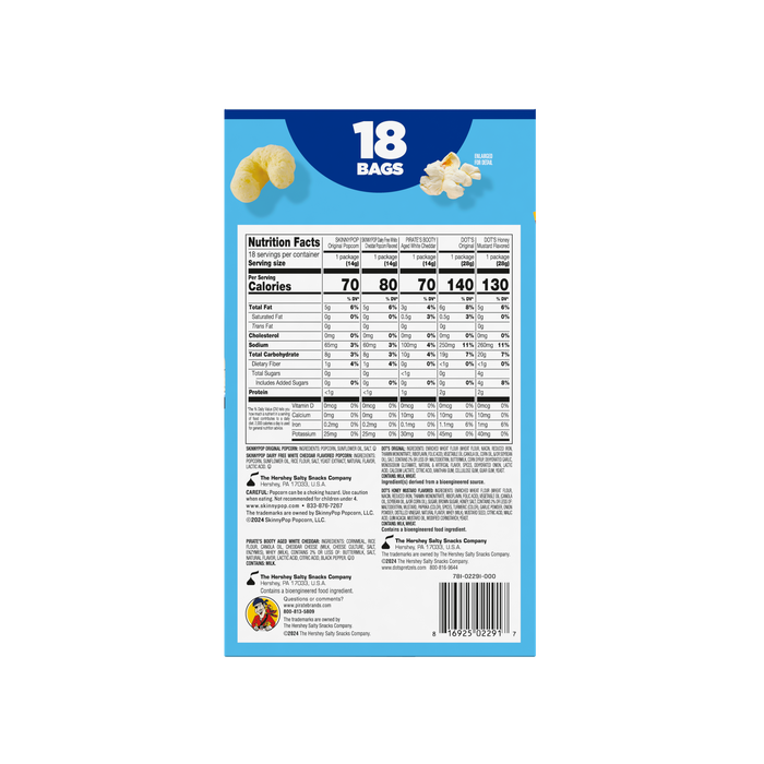 Image of SKINNYPOP Original and Dairy Free SKINNYPOP White Chedder Popcorn, DOT'S ORIGINAL HOMESTYLE PRETZELS and DOT'S Honey Mustard Homestyle Pretzels, and PIRATE'S BOOTY Aged White Cheddar Puffs 18-count Multipack Box Packaging