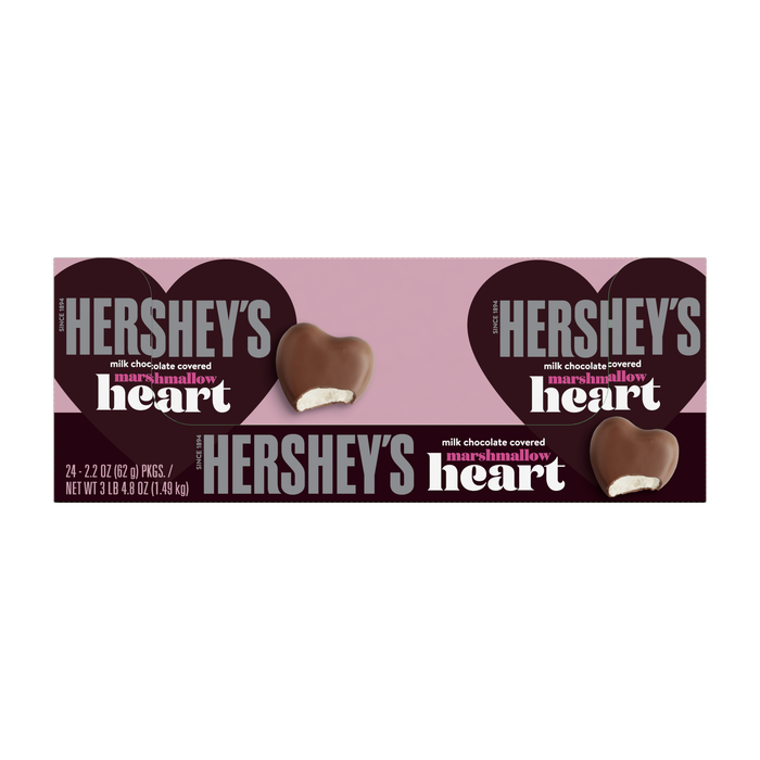 Image of HERSHEY'S Milk Chocolate Covered Marshmallow Heart, Valentine's Day Candy Pack, 2.2 oz (24 Count) Packaging