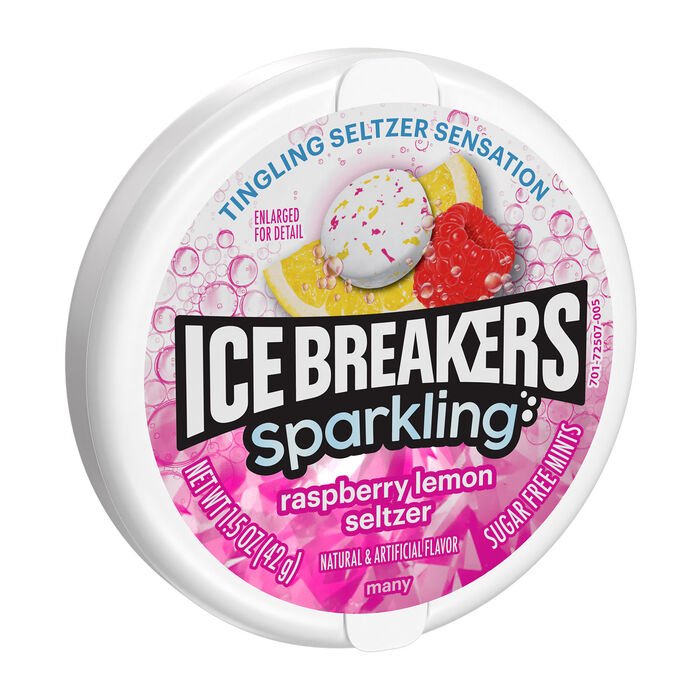 Image of ICE BREAKERS Sparkling Raspberry Lemon Seltzer Mints 1.5 oz. Packaging