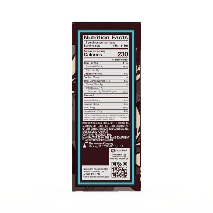 Image of HERSHEY'S Plant Based Oat Extra Creamy Milk Chocolate with Almond & Sea Salt Candy Bars, 1.55 oz (12 Count) Packaging