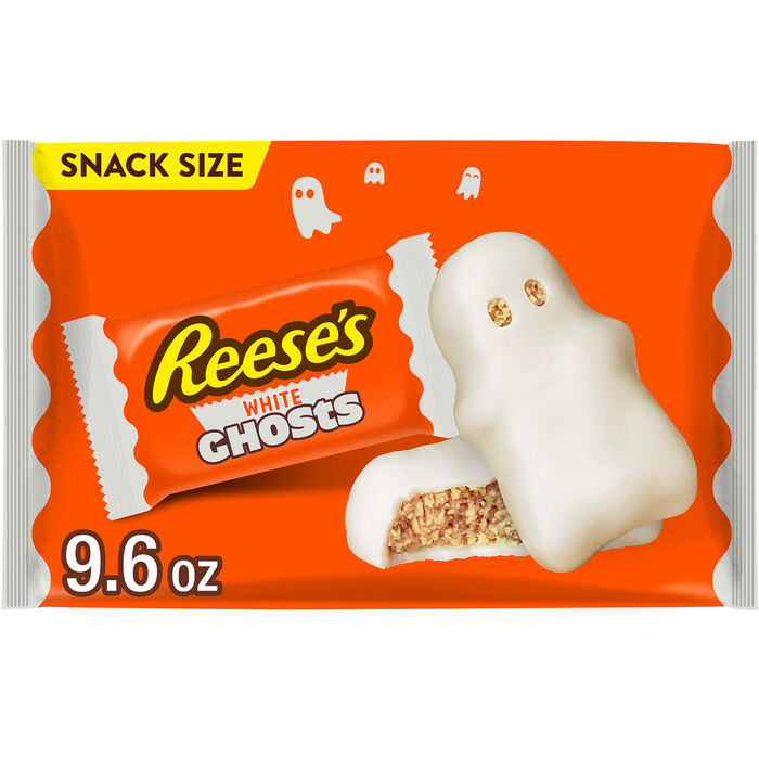 Image of REESE'S White Creme Snack Size Peanut Butter Ghosts, Halloween Candy Bag, 9.6 oz Packaging