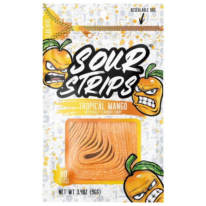 Image of Sour Strips Mango Candy Peg Bag, 3.4oz Packaging