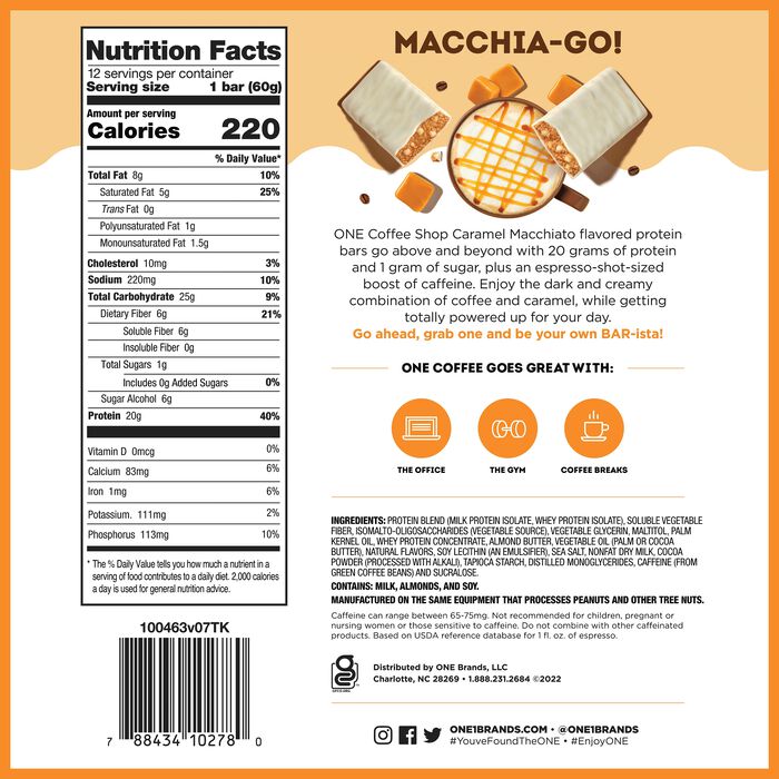Image of ONE Coffee Shop Caramel Macchiato Flavored Caffeinated Protein Bars, 2.12 oz (12 Count) Packaging