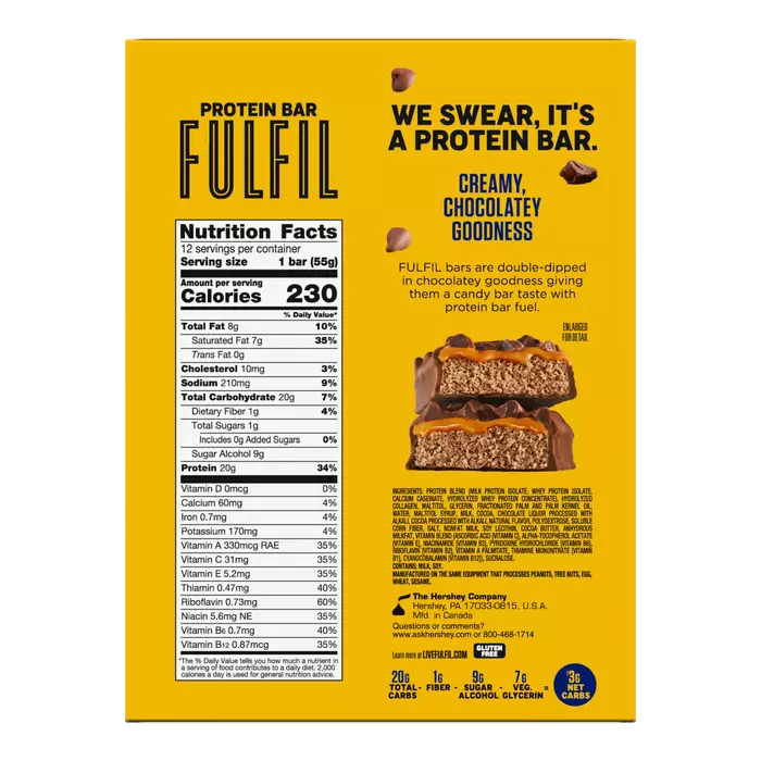 Image of FULFIL Chocolate Chocolate Chip Flavored Protein Bar Box, 1.94 oz ea. (12 count) Packaging