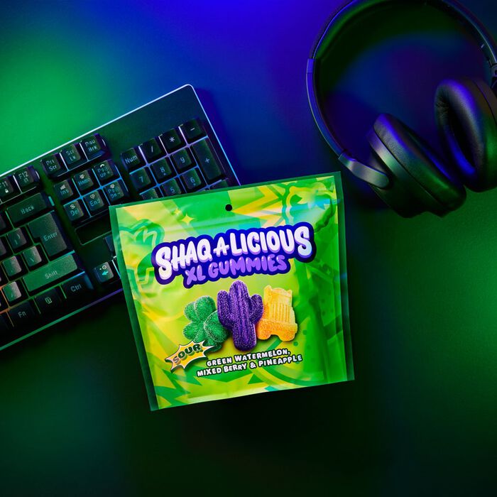 Image of SHAQ-A-LICIOUS XL GUMMIES Sour Chewy Candy Bag, 11.8 oz Packaging