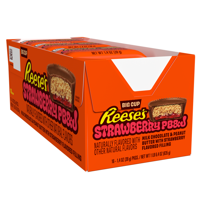 Image of REESE'S Big Cup PB&J Strawberry Milk Chocolate Peanut Butter Cups Candy Packs, 1.4 oz (16 Count) Packaging