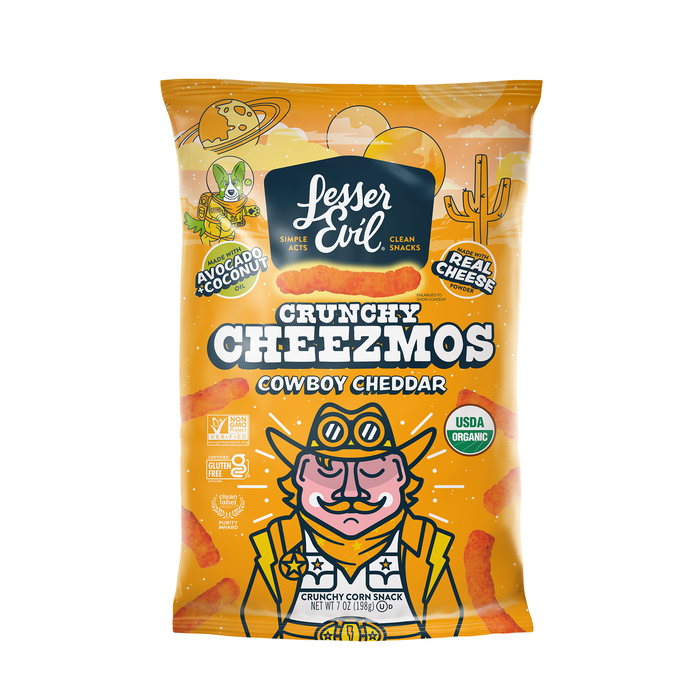 Image of LesserEvil Cowboy Cheddar Cheezmos 7oz Packaging