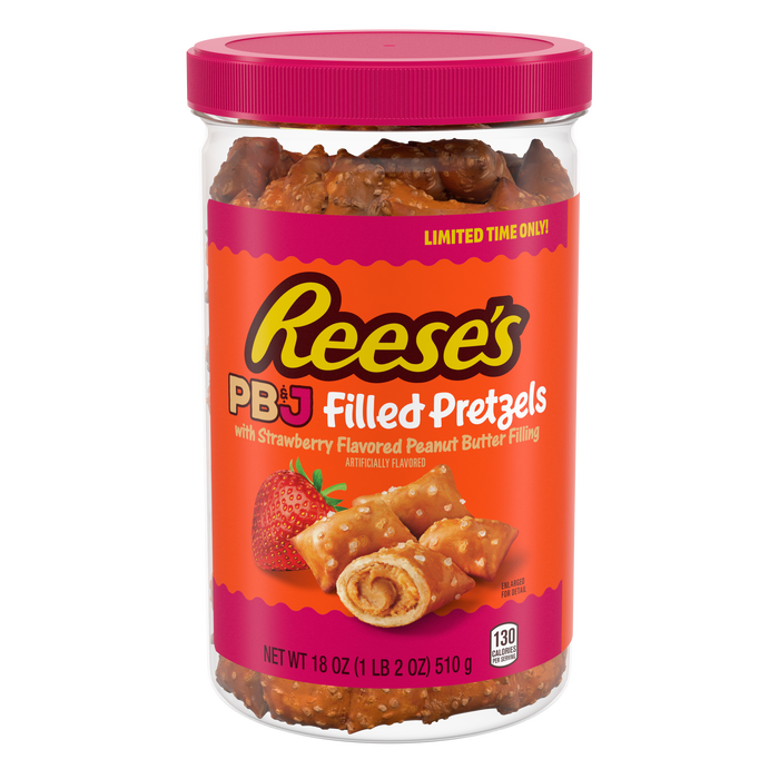 Image of REESE'S PB&J Peanut Butter & Strawberry Filled Pretzels Jar, 18 oz Packaging