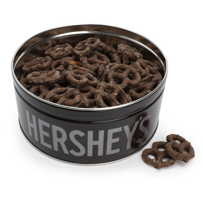 Image of HERSHEY'S Milk Chocolate Dipped Pretzels 16oz Candy Tin Packaging