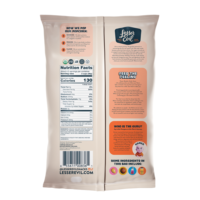 Image of LesserEvil Non-Dairy White Cheddar Popcorn 4.6oz Packaging