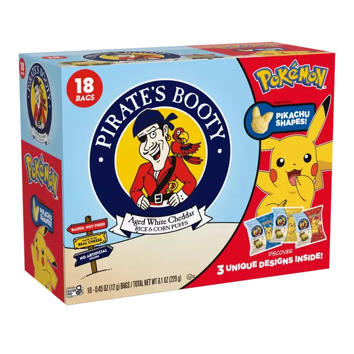Image of PIRATE'S BOOTY Pok&eacute;mon Aged White Cheddar Rice & Corn Puffs, 0.5 oz Bags (18 Count) Packaging