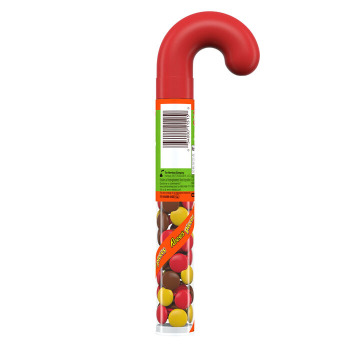 Image of REESE'S PIECES Peanut Butter in a Crunchy Shell, Christmas , Candy Plastic Cane, 1.4 oz Packaging