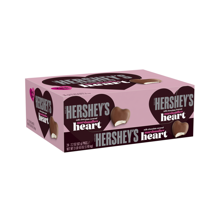 Image of HERSHEY'S Milk Chocolate Covered Marshmallow Heart, Valentine's Day Candy Pack, 2.2 oz (24 Count) Packaging