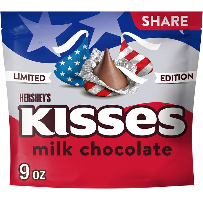 Image of HERSHEY'S KISSES Red White and Blue Foils, Milk Chocolate Candy Share Pack, 9 oz Packaging