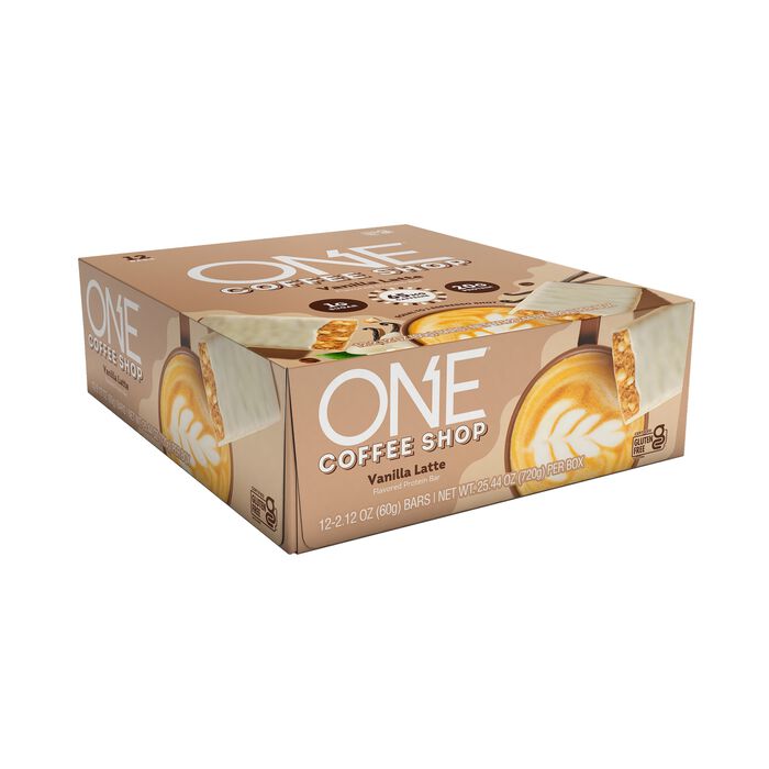 Image of ONE Coffee Shop Vanilla Latte Flavored Caffeinated Protein Bars, 2.12 oz (12 Count) Packaging
