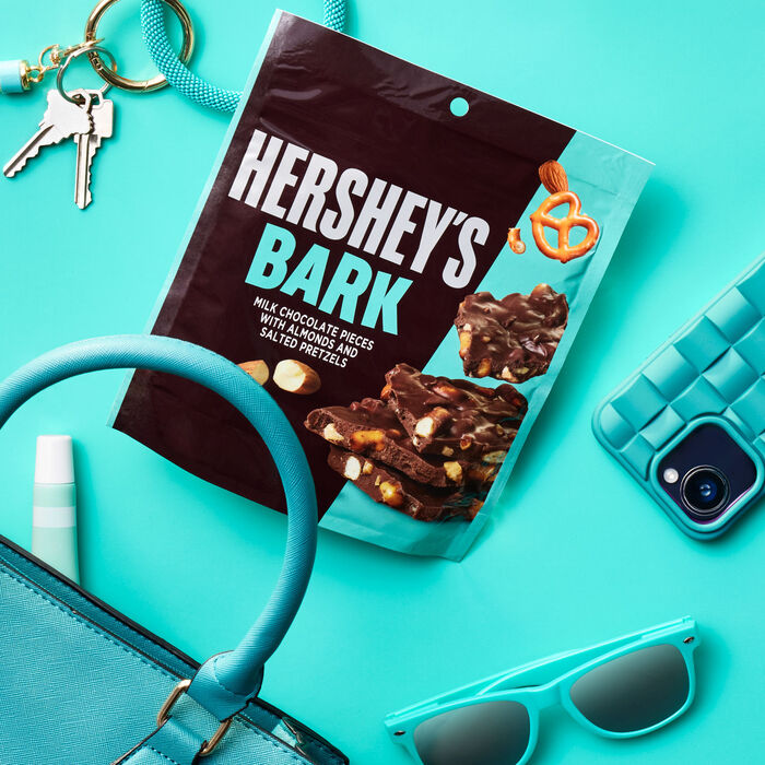 Image of HERSHEY'S Milk Chocolate Candy Bark with Almonds and Salted Pretzels Bag, 6 oz Packaging
