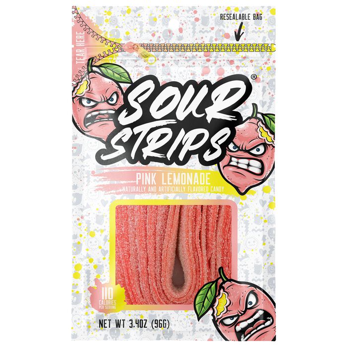 Image of Sour Strips Pink Lemonade Candy Peg Bag, 3.4oz Packaging