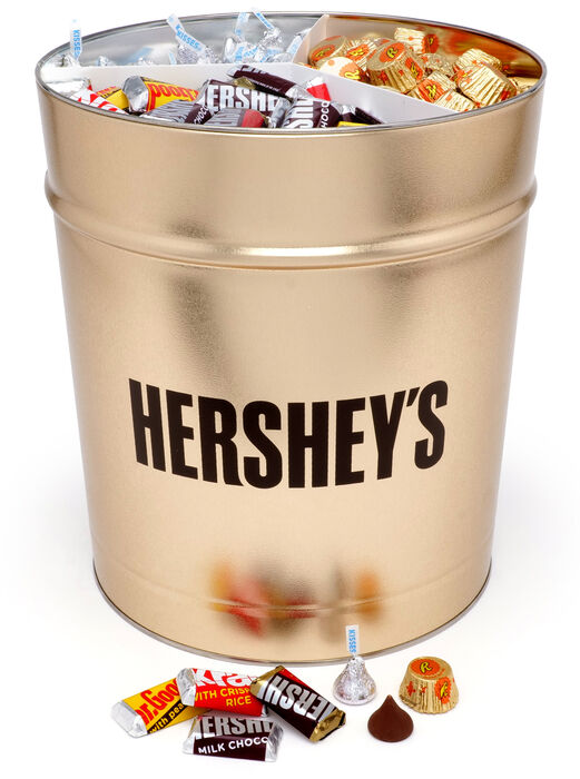 Image of HERSHEY'S Gold Gift Tin With Milk And Dark Chocolate Assorted Mix Candy 15 Lbs. | 15 lbs. tin Packaging