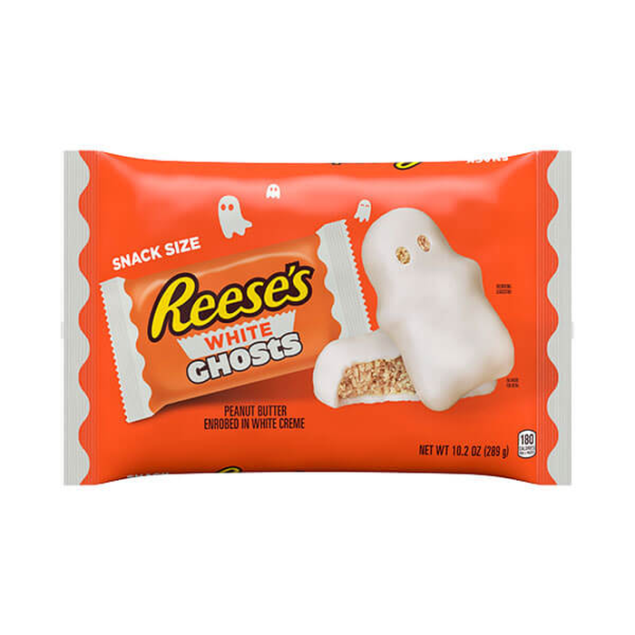 Image of REESE'S Halloween White Creme Peanut Butter Ghosts Snack Size 9.6 oz. bag Packaging