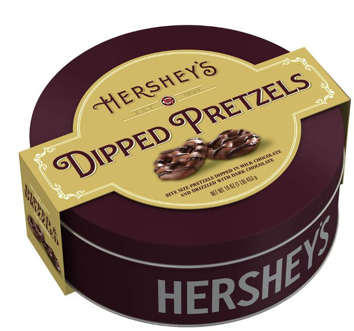 Image of HERSHEY'S Milk Chocolate Dipped Pretzels 16oz Tin Packaging