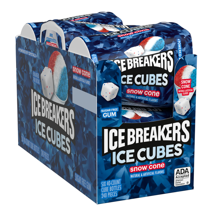 Image of ICE BREAKERS Ice Cubes Snow Cone Flavored Sugar Free Chewing Gum Bottle, 3.24 oz (6 Count) Packaging