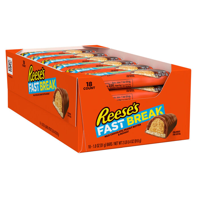 Image of REESE'S FAST BREAK Peanut Butter Nougat Candy Bars, 1.8 oz (18 Count) Packaging