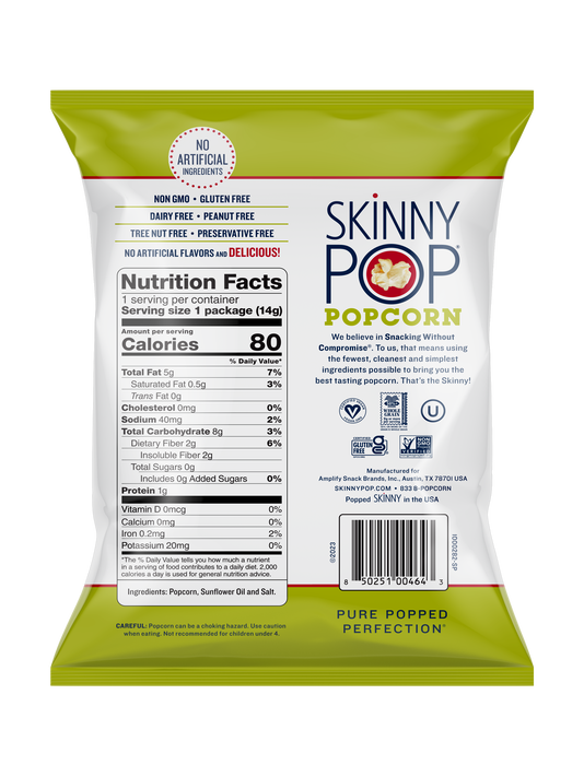 Image of SKINNYPOP Variety Pack Original and White Cheddar Popped Popcorn Bags, 0.5 oz (20 Count) Packaging