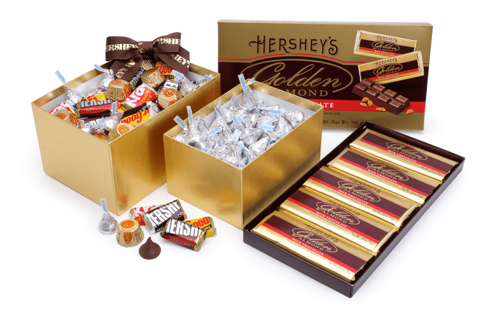 Image of HERSHEY'S Golden 3-Box Gift Tower Featuring Milk Chocolate Golden Almond 66 oz. Packaging