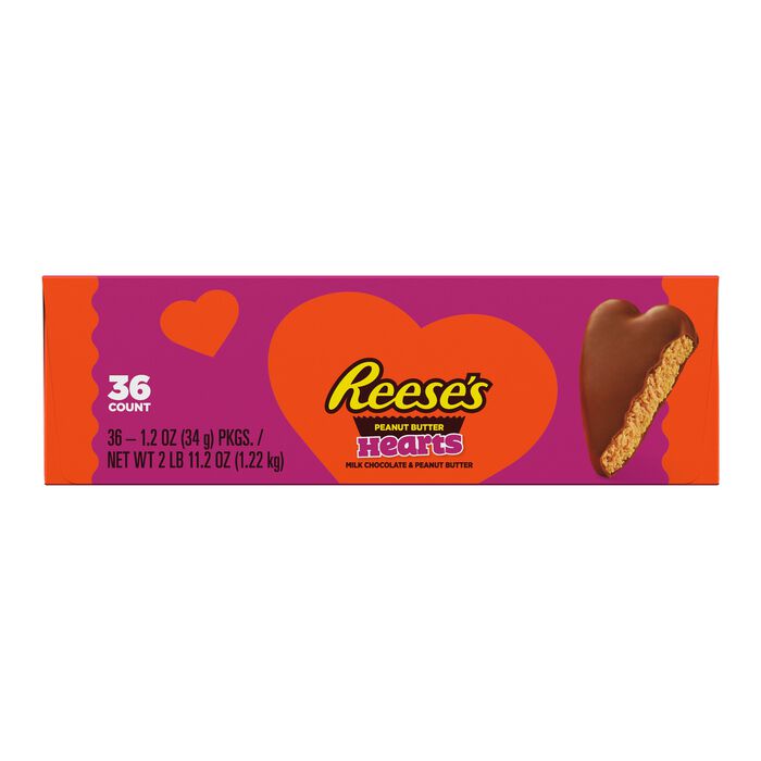 Image of REESE'S Milk Chocolate Peanut Butter Hearts Valentine's Candy Packs, 1.2 oz (36 Count) Packaging