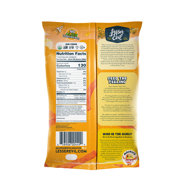 Image of LesserEvil Cowboy Cheddar Cheezmos 7oz Packaging
