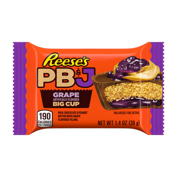 Image of REESE'S Big Cup PB&J Grape Milk Chocolate Peanut Butter Cup Candy Pack, 1.4 oz (16 Count) Packaging