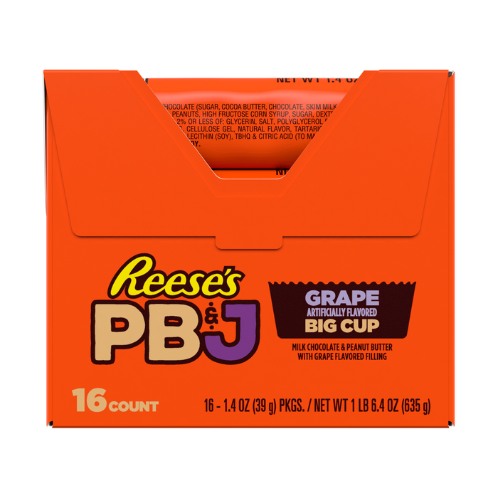 Image of REESE'S Big Cup PB&J Grape Milk Chocolate Peanut Butter Cup Candy Pack, 1.4 oz (16 Count) Packaging