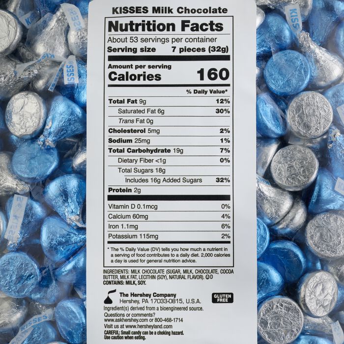 Image of HERSHEY'S KISSES Blue and Silver Foils Chocolate Candy Bulk Bag, 60 oz Packaging