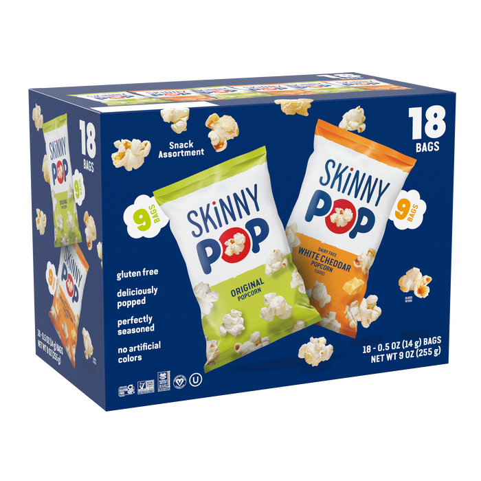 Image of SKINNYPOP Original and SKINNYPOP Dairy-Free White Chedder Popcorn 18-count Multipack Box Packaging
